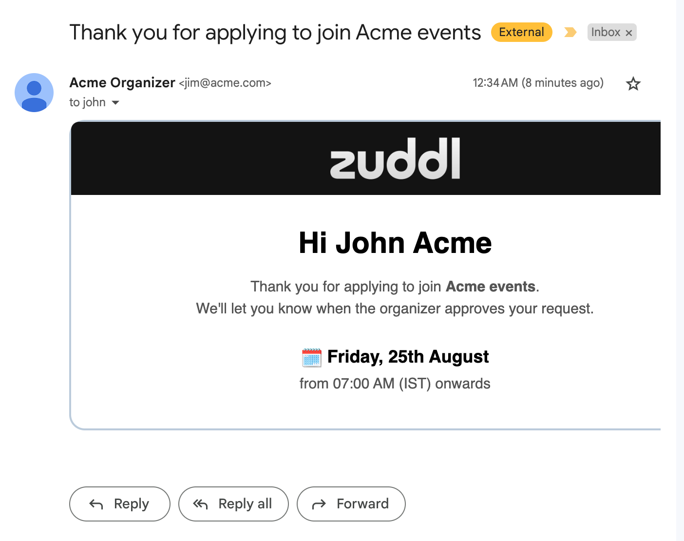 Applied to events email